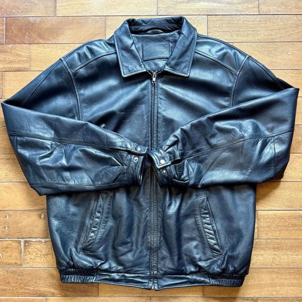Vintage Croft & Barrow Genuine Heavy Leather Bomber Jacket Black Men Sz L TALL